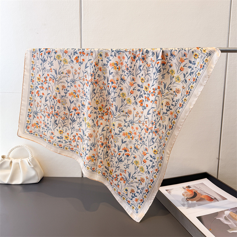 Foulard carré imprimé floral pour femmes, écharpes en soie, châle de plage élégant, bandanas, hijab de luxe, foulard pour le cou et les cheveux, 70x70cm