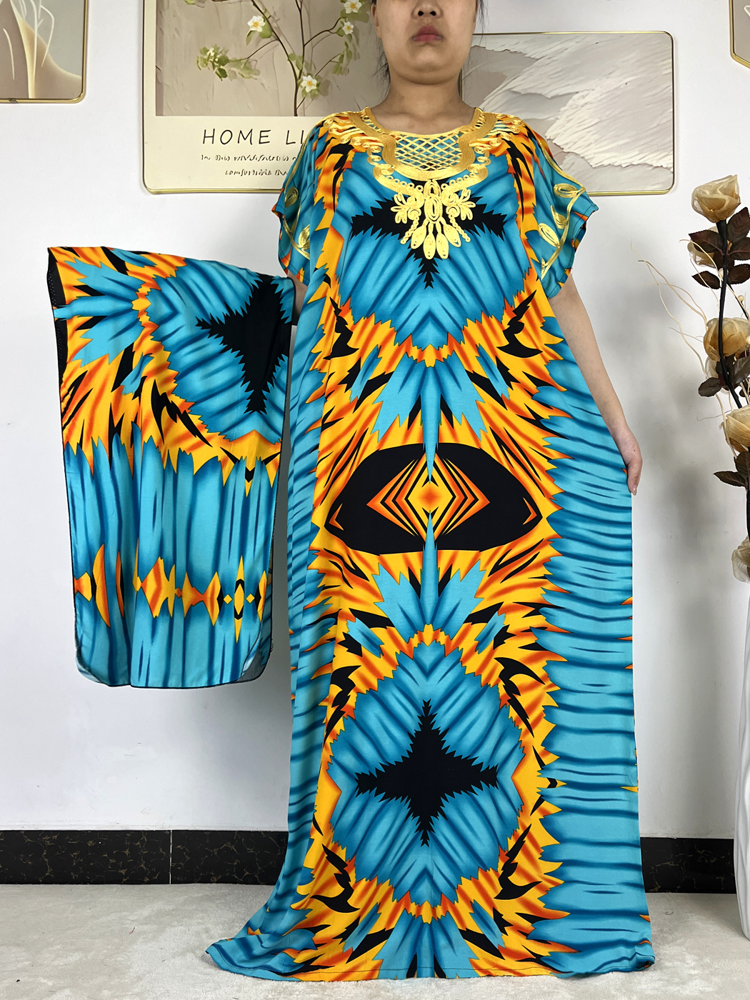 Abayas musulmanes 2026 pour femmes, en coton imprimé avec appliques florales, robe ample pour femme, style africain, Dubaï, Turquie, avec turban