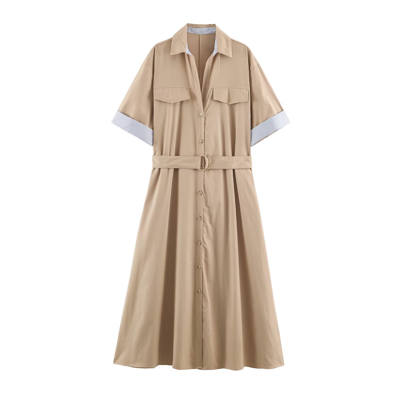 Robe chemise kaki pour femmes, été, à rayures, manches courtes, coupe A-line, robe longue décontractée pour femmes avec ceinture.