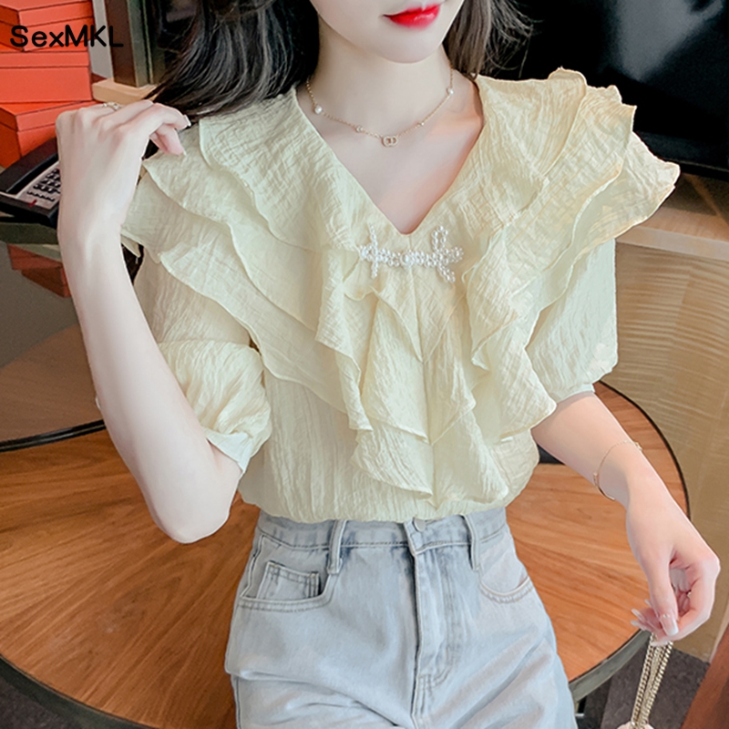 Blouses en Chiffon Blanc à Volants pour Femmes, Mode Été 2026, Blusas Décontractées Style Coréen, Manches Bouffantes Vintage Y2K, Hauts Femme