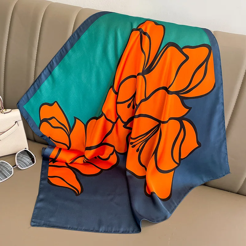 Foulard carré en soie de luxe pour femmes, imprimé Floral, bandeau en Satin doux, Hijab, bandeau féminin, sac, rubans