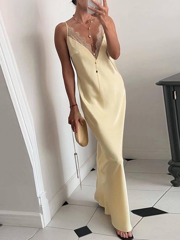 Robe longue d'été élégante pour femme en dentelle et satin, col en V ample, sans manches, dos nu, style chic pour la plage et les soirées 2026