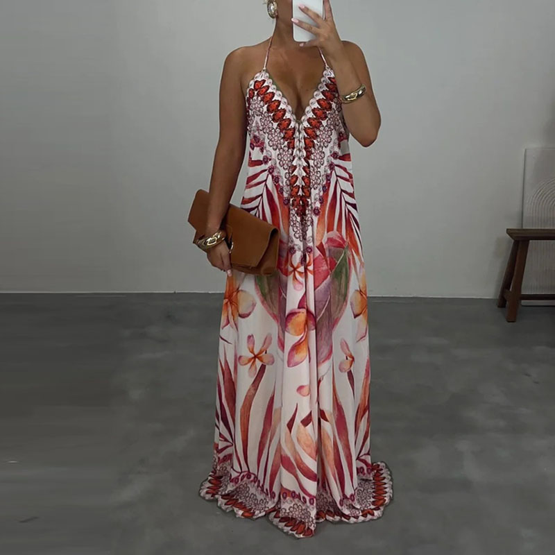 Robe de soirée décontractée, taille haute, Sexy, col en v, dos nu, sans manches, Robes de vacances, élégante, imprimée bohème, ample, pour femmes