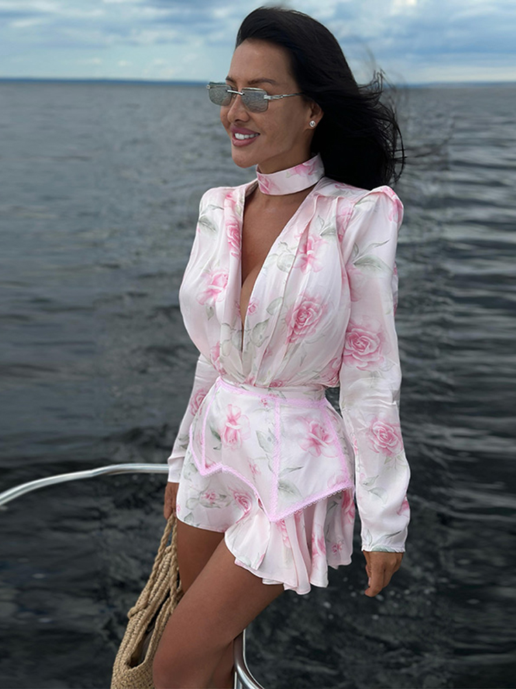 Robe Courte Femme Imprimé Rose Manches Longues Bouffantes Mini Robe en Maille Transparente à Volants Boutonnée sur le Devant pour Fête Féerique Tenue d'Été
