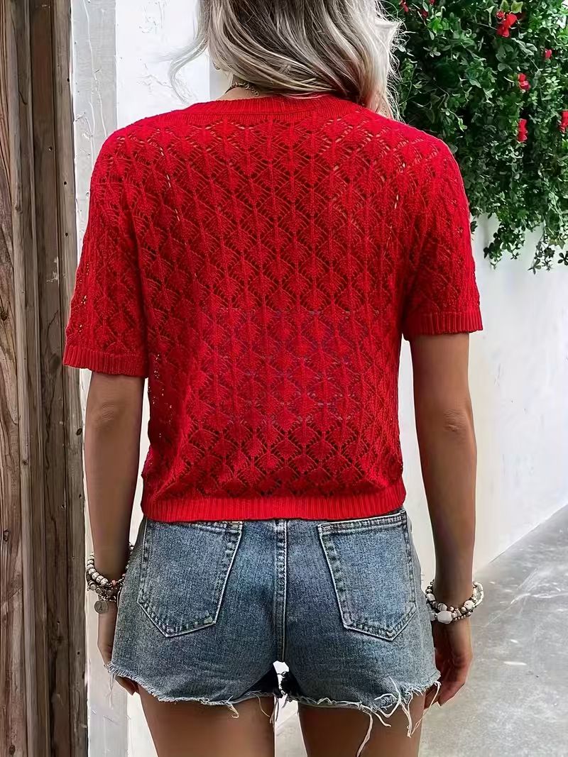 Cardigan en tricot décontracté à col en V et manches courtes pour femme