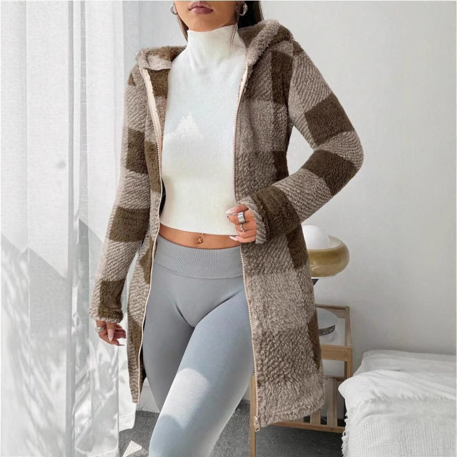 Femmes manteaux hiver Manteau hiver chaud en peluche poche Manteau femmes Plaid imprimé à capuche longue fermeture éclair Cardigan Sobretudo Feminino Inverno