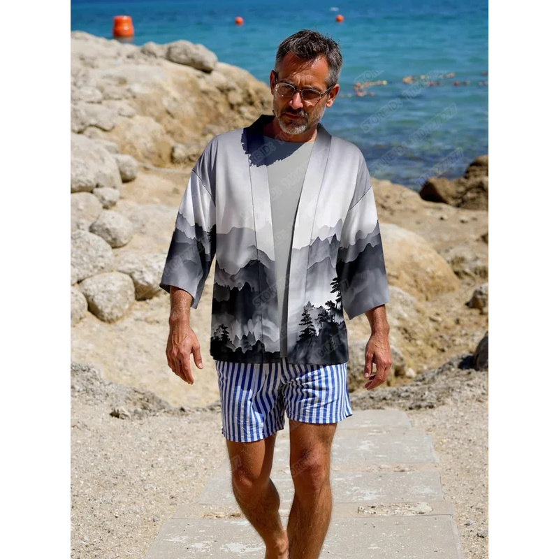 Chemise Kimono pour Homme, Cardigan à Motif Paysage Japonais Ukiyo-e, Coupe Ample, Ouvert sur le Devant, Chemise Kimono Décontractée pour Homme, Idéale pour l'Été et la Plage