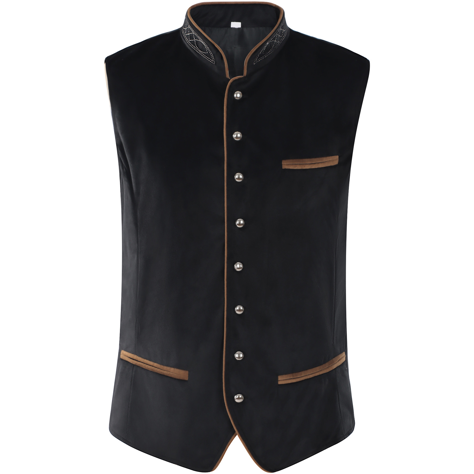 Gilet en velours noir pour homme, style rétro, col montant, simple boutonnage, avec broderie, sans manches, pour Halloween et cosplay