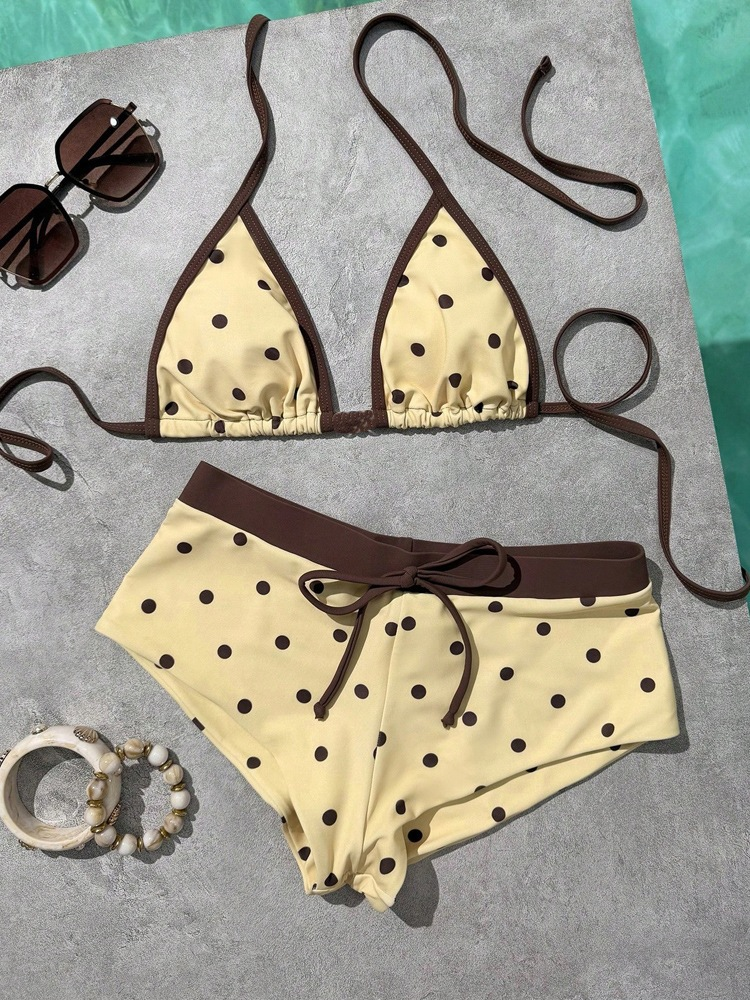 Ensemble bikini brésilien à pois pour femme, haut triangle sexy, dos exposé, bas string à fentes latérales, maillot de bain deux pièces
