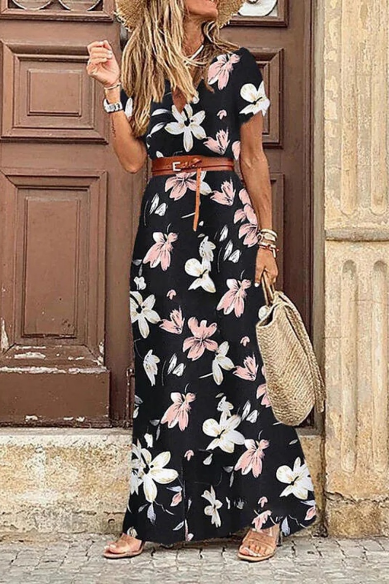 Robe mi-longue plissée florale en forme de H pour femmes, col en V, manches bouffantes, taille froncée, robes boutonnées, robe d'été élégante