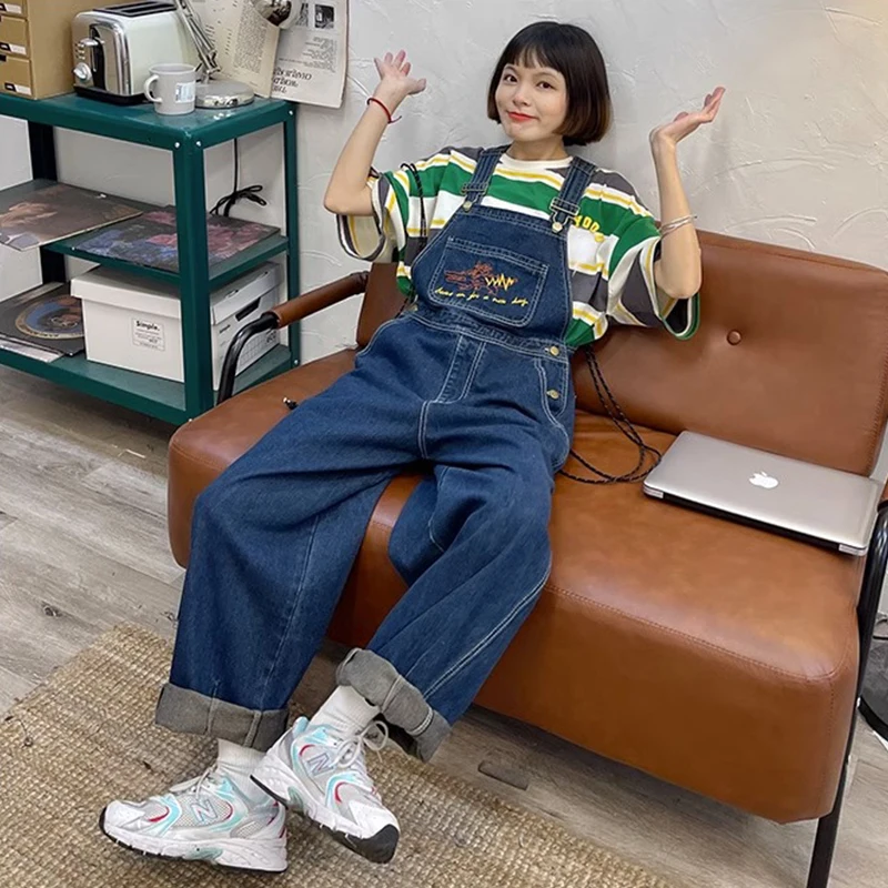 Combinaisons en Jean Brodé pour Femme, Salopette Vintage Baggy en Denim, Pantalon Droit à Jambes Larges, High Street, Nouvelle Collection 2025