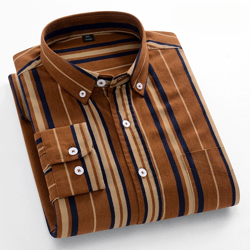 Chemises décontractées à manches longues pour hommes, tendances coréennes, coupe ajustée, chemise unie 100% coton, hauts à carreaux et rayures, vêtements de créateur doux