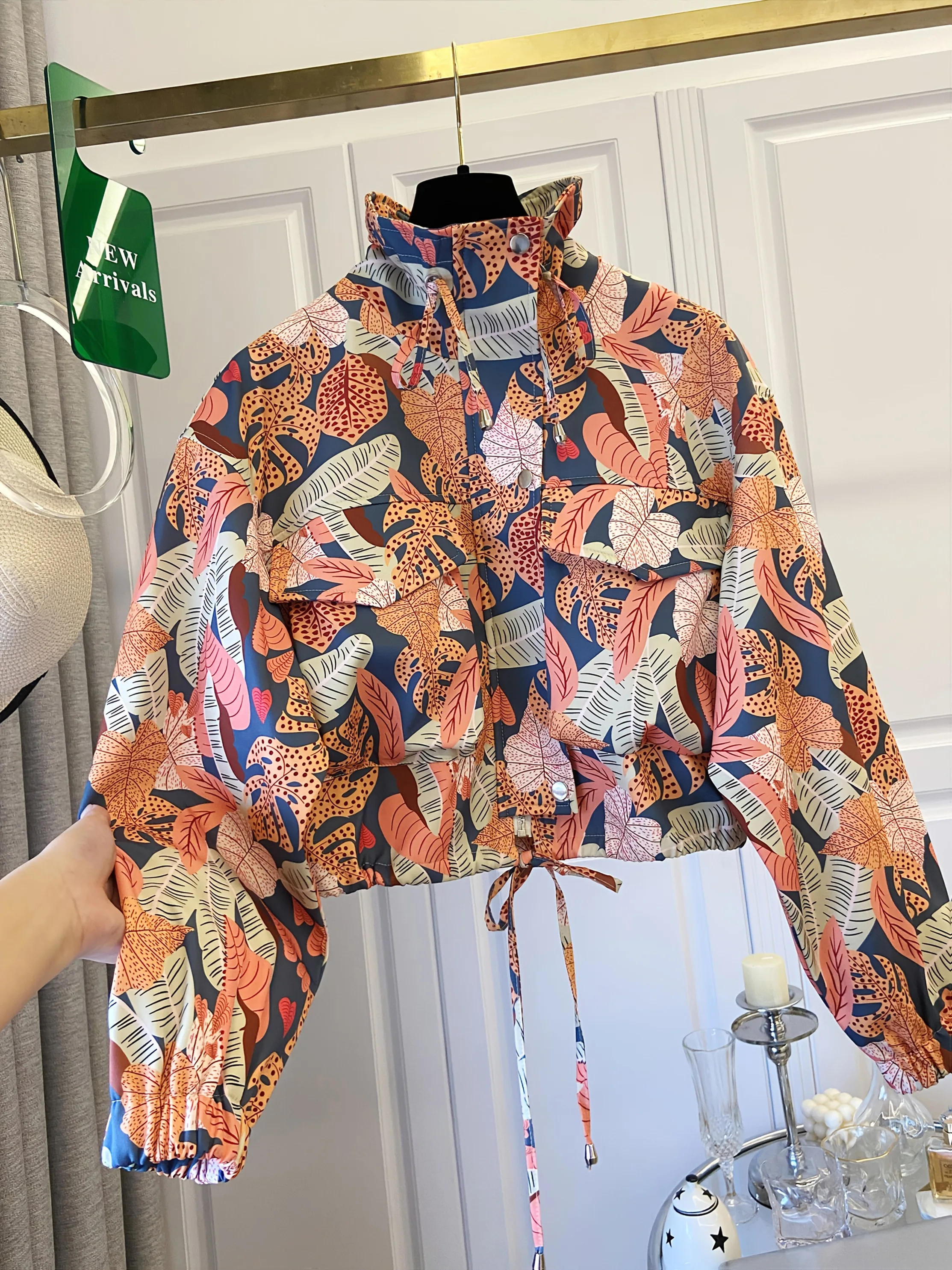 Veste décontractée à cordon de serrage imprimée à la mode pour femmes |   Printemps/Été, polyvalent pour les trajets quotidiens, les vacances et les soirées élégantes
