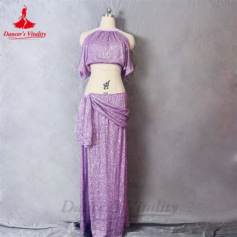 Ensemble de costumes de concours de danse du ventre pour femmes, haut à paillettes + jupe longue fendue, Costume d'entraînement 2 pièces, tenue orientale personnalisée pour adultes et enfants