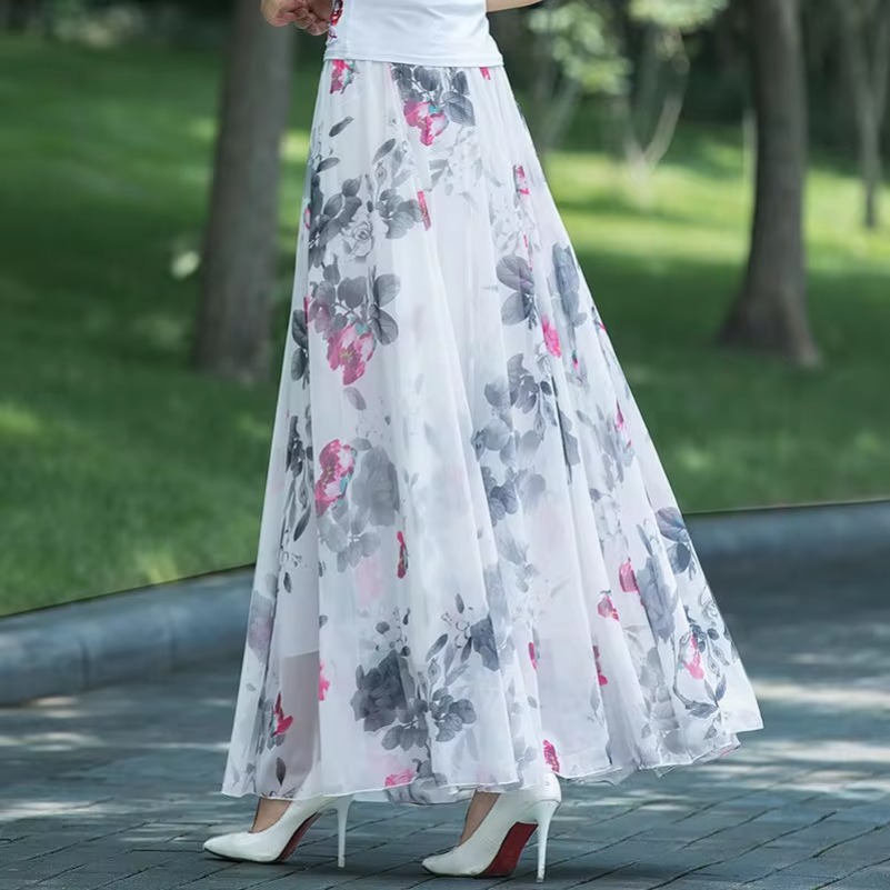 Taille haute femmes été automne jupes en mousseline de soie taille élastique Midi pleine jupe longue imprimer a-ligne mère danse balançoire jupe DURIKIES