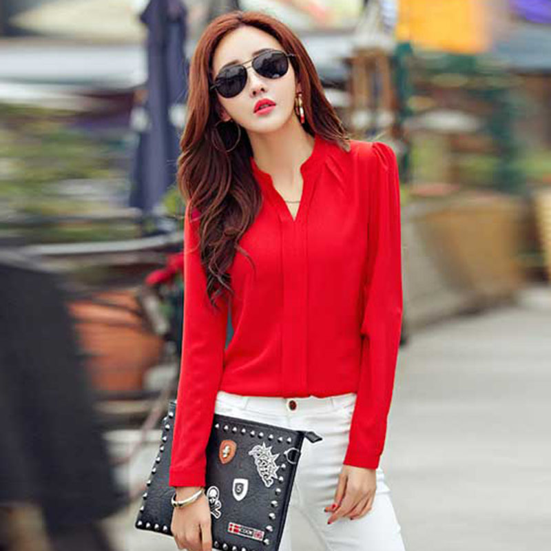 Chemise à manches longues femmes automne vêtements mode mince chemisier en mousseline de soie col en V coréen élégant dames chemises de bureau blanc rouge DF2324
