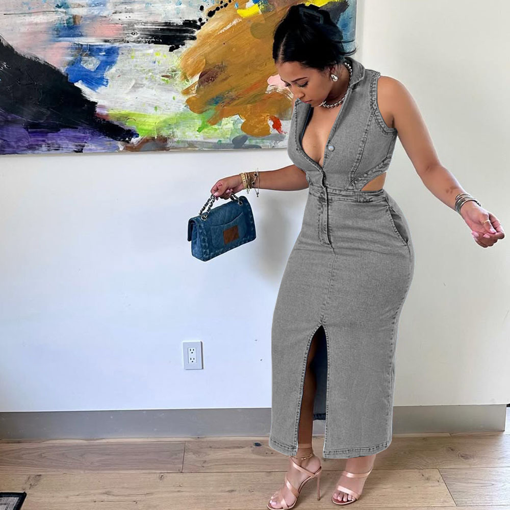 Robe en jean pour femme, sexy, sans manches, à col revers, avec fente et découpes, style mode