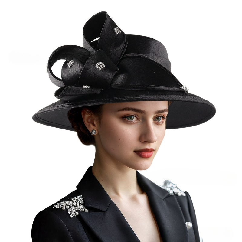 Chapeaux en tissu élégants pour femmes, robe de Cocktail, thé, casquette Derby, fleur, large bord, Fedora d'église, Cloche noire