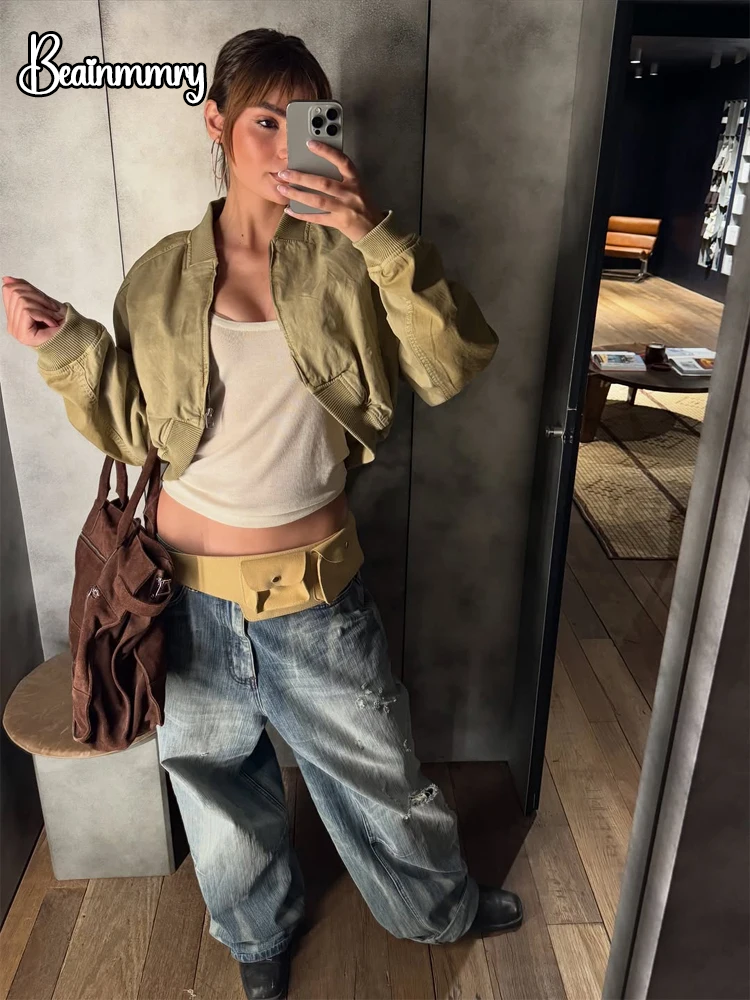 Veste bomber courte kaki pour femme, col à revers, fermeture éclair intégrale, détails poches, manches longues, style streetwear décontracté Y2K
