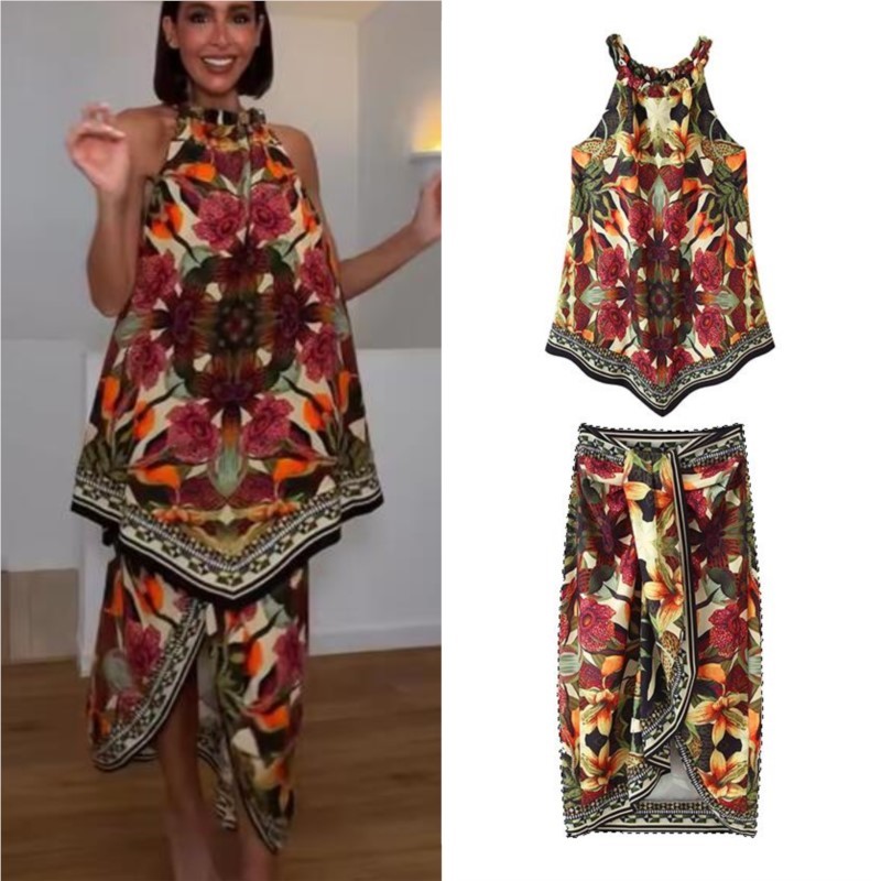 Ensemble de jupes pour femmes, imprimé floral d'été, haut sans manches à col halter, jupe à ourlet irrégulier avec fermeture éclair latérale, ensemble décontracté tendance en 2 pièces