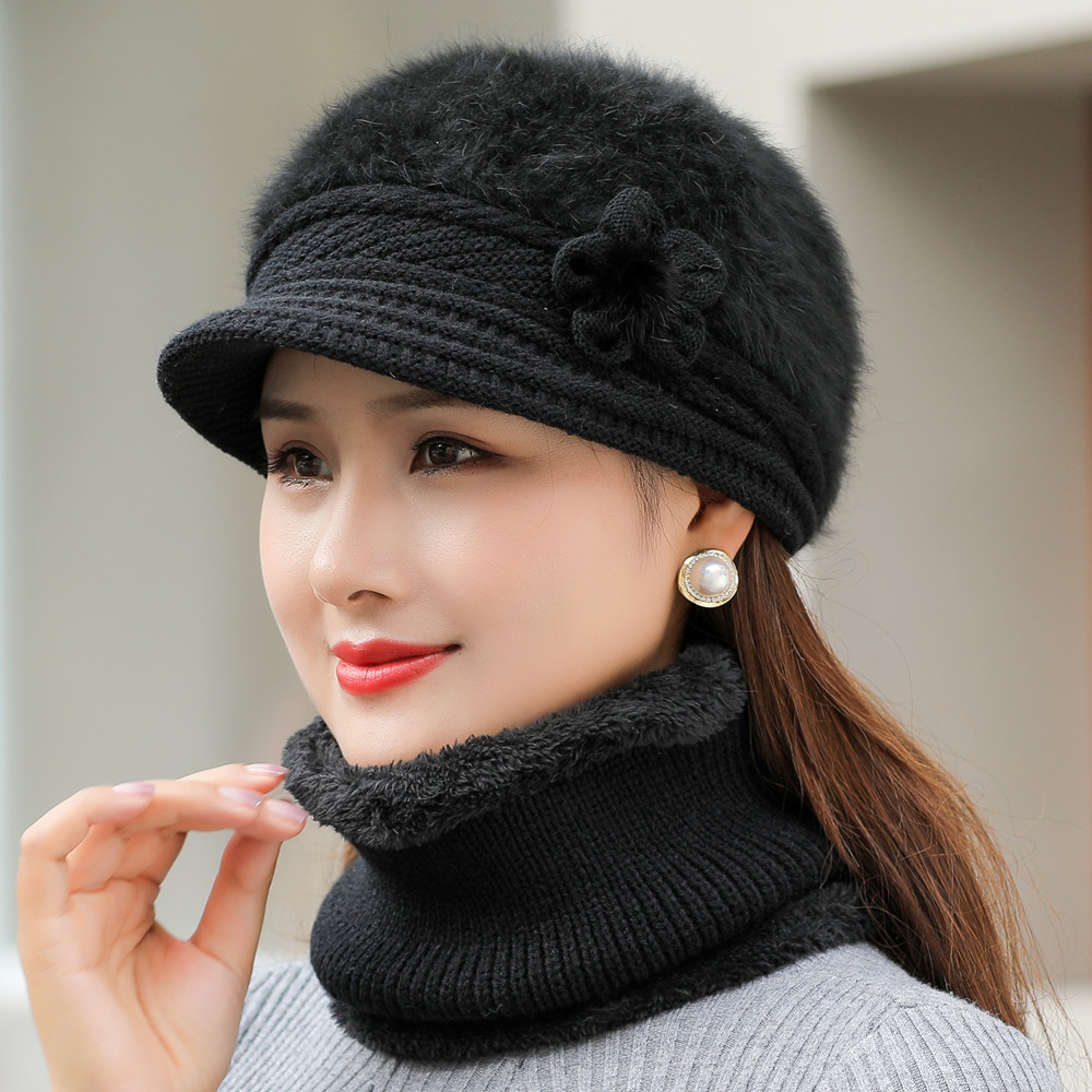 Nouvelles femmes chapeau d'hiver garder au chaud casquette ajouter du chapeau doublé de fourrure et écharpe ensemble chaud chapeau de mode pour les femmes décontracté fausse fourrure fleur tricoté chapeau