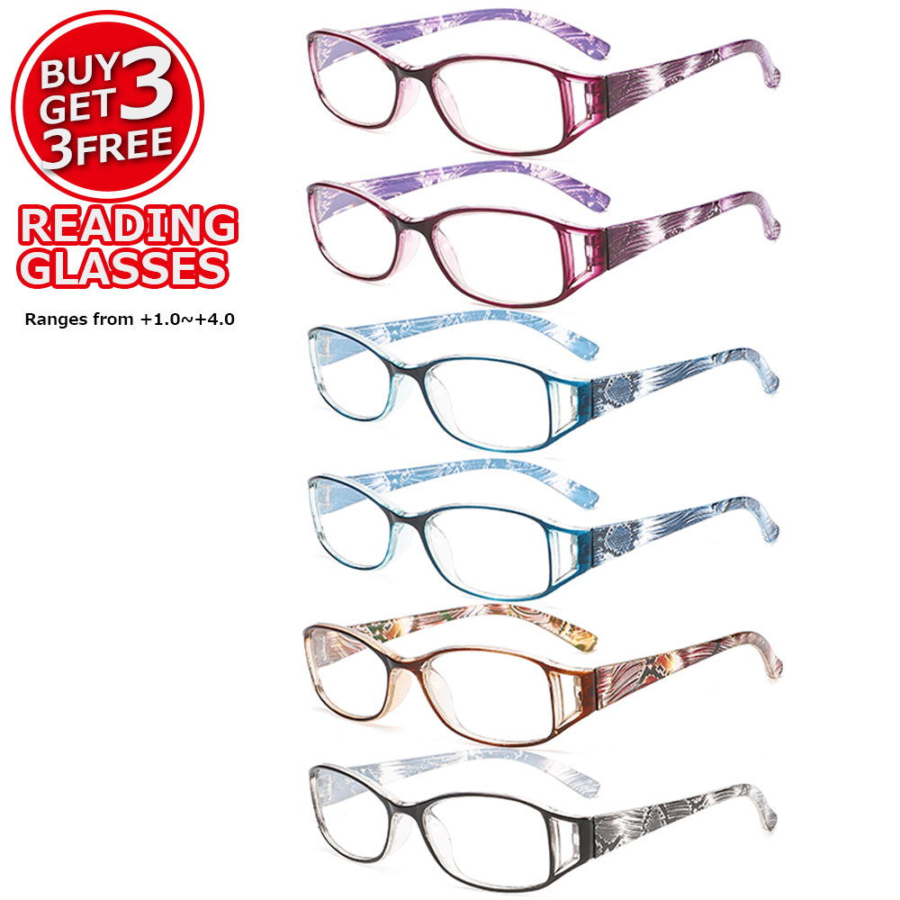 6 paires de lunettes de lecture rectangulaires à petite monture pour femmes, design imprimé texturé, anti-lumière bleue, multicolores, portables