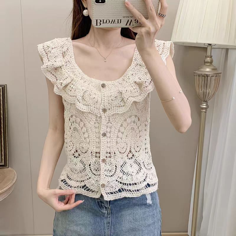 Mode coréenne sans manches tricoté hauts simple boutonnage décontracté femmes Blouse été crochet fleur chemise creuse