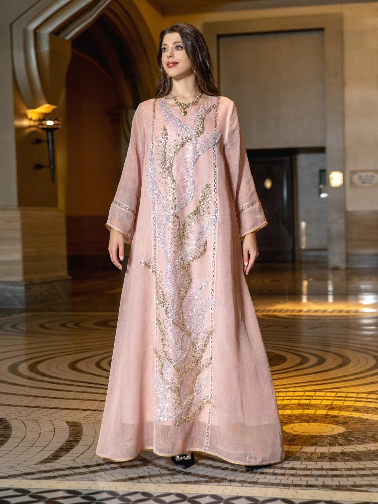 Abaya Jalabiya pour femmes musulmanes, robe de soirée longue, robe arabe éducative, paillettes marocaines, Kaftan Islam, Eid Party