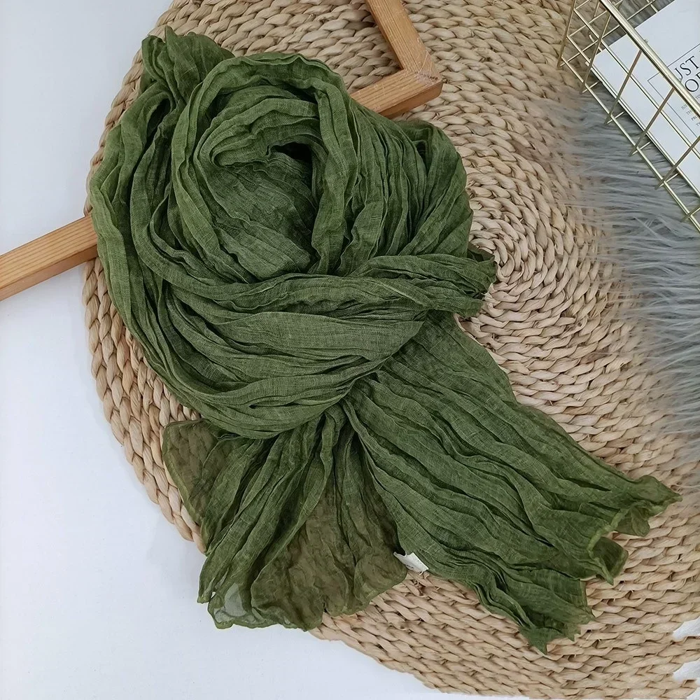 Écharpe en coton et lin, couleur unie, Texture littéraire féminine, longueur pliable, pâte frite fine, torsades ethniques, châles printemps automne hiver