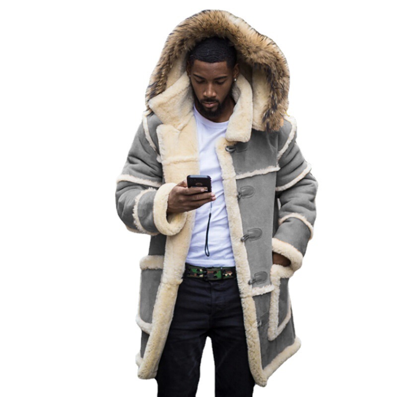 Pardessus hommes hiver nouvelle veste longue ample rembourrée en coton fourrure marron intégré laine d'agneau manteaux à capuche mâle
