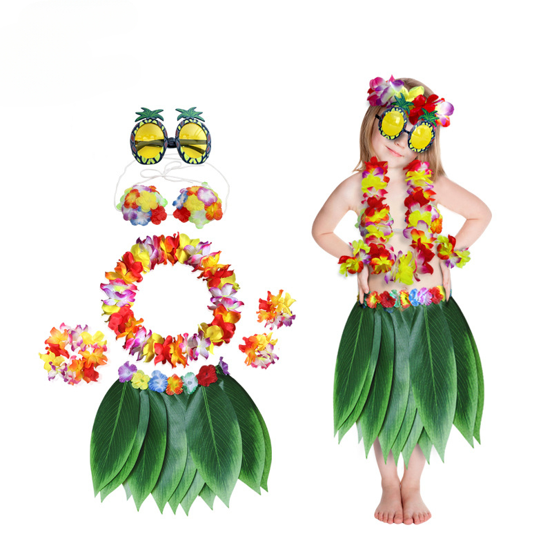 Luau – tenues hawaïennes à fleurs, feuilles d'herbe, jupe Hula, ensemble de lunettes de soleil, guirlande pour Costumes de Cosplay de fête tropicale