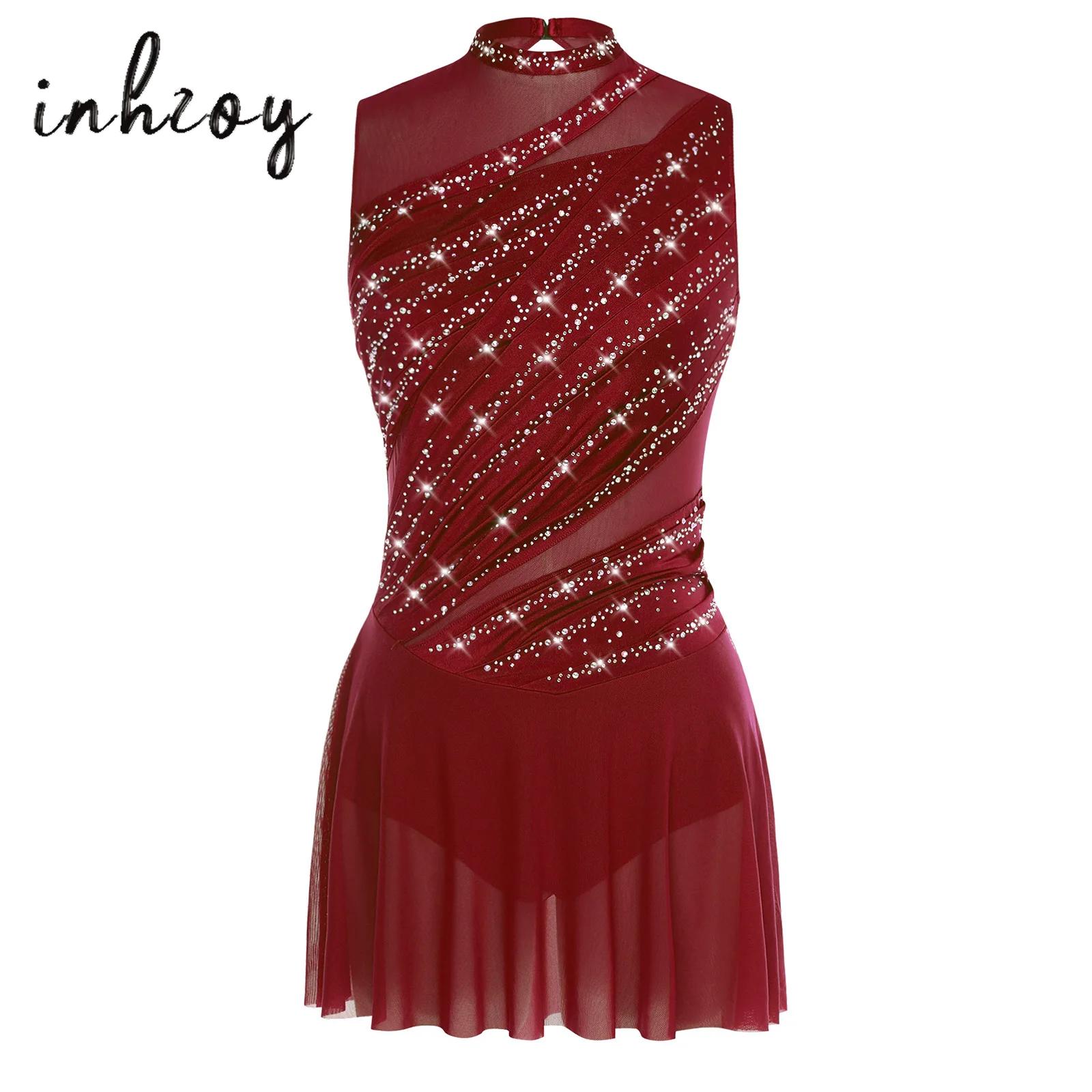 Robe de danse lyrique froncée pour femmes, col rond, sans manches, strass, dos nu, pour compétition de spectacle sur scène