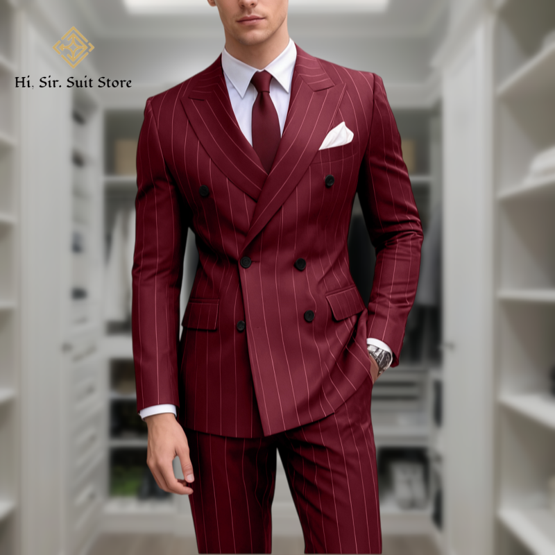 Costume 2 pièces pour hommes, Blazer grande taille, mode européenne et américaine, costume rayé à Double boutonnage, sur mesure, petit lot, veste bleue