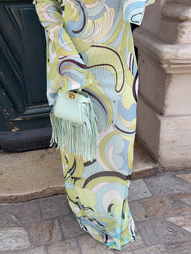 Robe longue sexy imprimée dos nu pour femme, col rond, manches évasées, moulante, collection été 2026, robe de plage longueur cheville pour femme