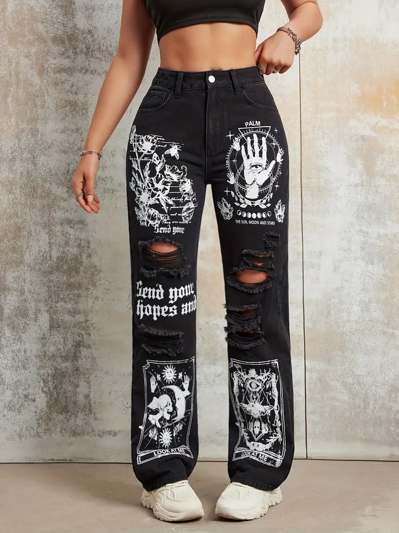 2025 nouveau Style femmes jean femmes printemps et automne nouvelle vente chaude rue INS même Style imprimé déchiré jean droit