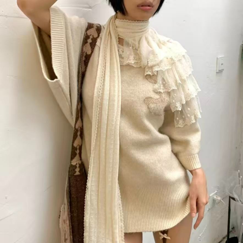 Écharpe en dentelle de Style Court Vintage pour femmes, col en dentelle, travail lourd, écharpe Beige empilable, mode pull tendance, jupe, accessoires
