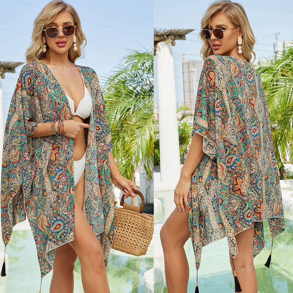 Hauts pour femmes, couverture florale, ample, glands, plage, Bikini, Kimono, Cardigan, maillot de bain, chemisier, maillots de bain, vêtements de station