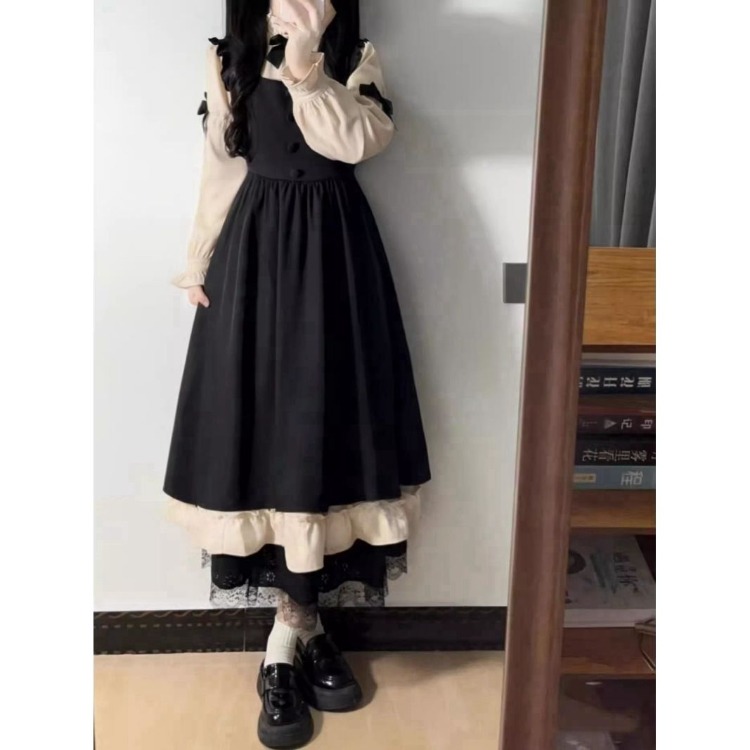 Robes Vintage à manches longues avec nœud en Patchwork + robe gilet noire sans manches pour femmes, nouveaux ensembles deux pièces printemps 2026