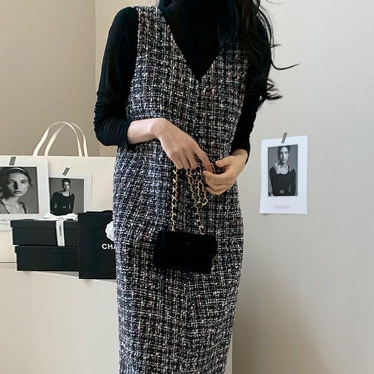 Robes en Tweed pour femmes, col en V japonais, paillettes assorties avec tout, mode coréenne, vêtements chics, automne 2026
