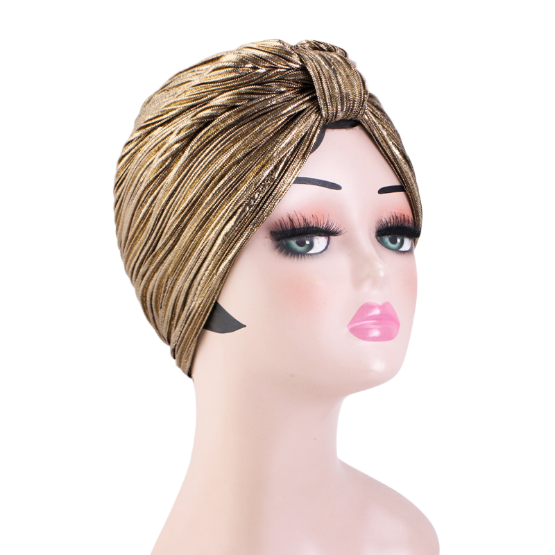 Nouveau Turban plissé métallisé pour femme, style ethnique rétro, élastique, brillant, bonnet, foulard, bonnet chimio