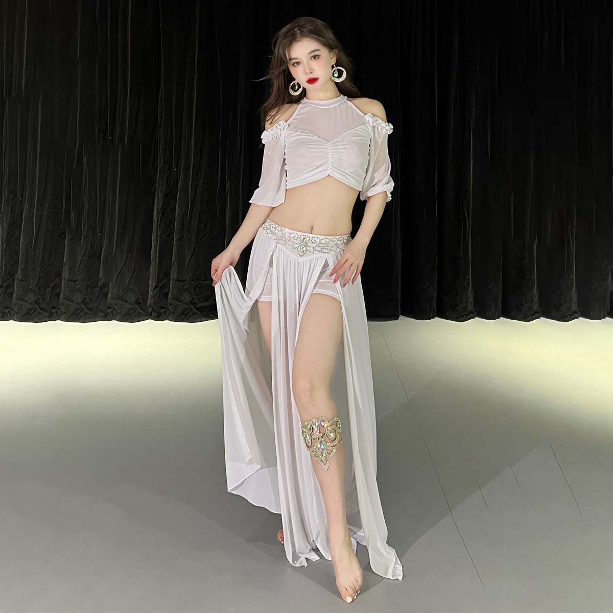 Ensemble de costumes de danse du ventre pour femmes, haut en gaze à demi-manches + jupe fendue avec pierres AB senior, tenue de danse du ventre orientale pour adultes, 2 pièces