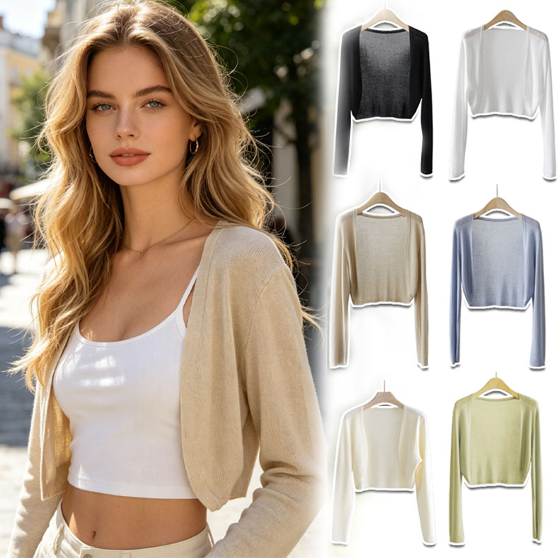 Cardigan court en soie glacée pour femme, châle léger d'été, protection solaire, couverture tricotée légère pour climatiseur