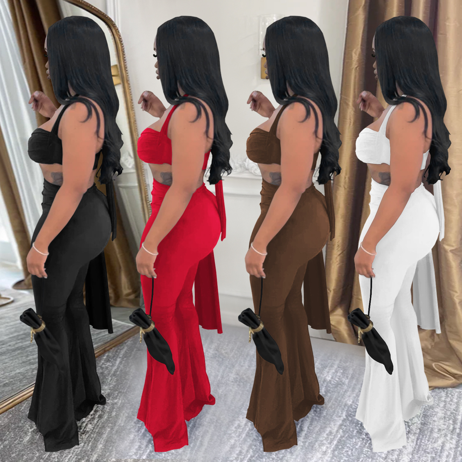 Tenues Sexy pour femmes, haut court torsadé sur le devant et bretelles longues, pantalons à jambes larges, ensembles de survêtements froncés en métal, salopette de nuit Chic