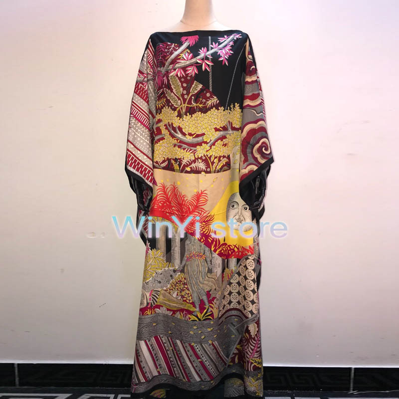 Longue robe africaine pour femmes, modèle Sashiki, en soie brodée, manches longues, avec perles