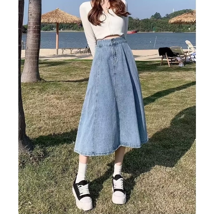 Jupe midi en jean pour femme, style coréen, taille haute, coupe trapèze, taille élastique, en denim délavé vintage, décontractée, longue