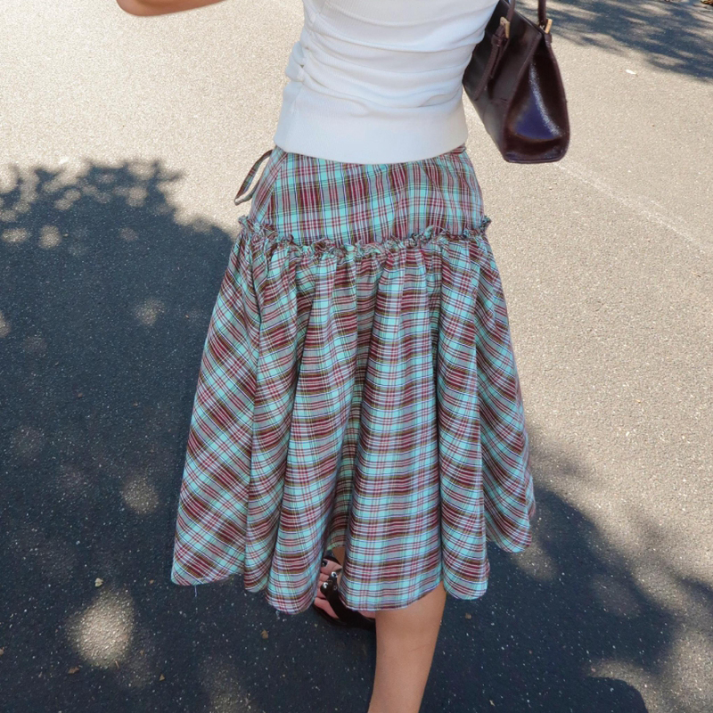 Cottage Plaid taille basse jupe Midi Vintage cravate à volants ourlet une ligne jupe femmes vichy jupe ample à plusieurs niveaux Y2k Streetwear
