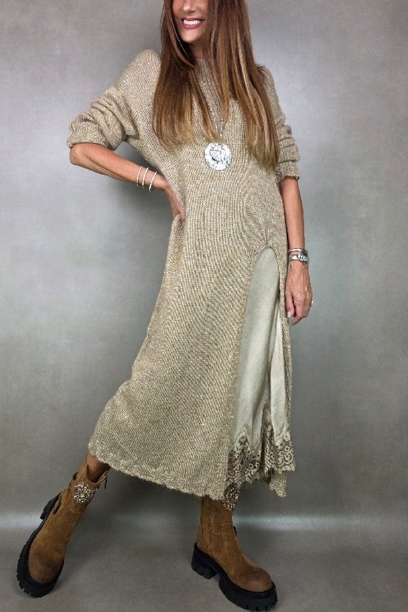 Robe pull pour Femme, Streetwear, manches longues, col rond, fente haute, longue, décontractée, ample, automne