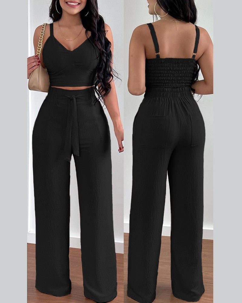 Tenue 2 pièces pour femmes, Sexy, col en v, bretelles froncées, Slim, haut court et pantalon à jambes larges, à lacets, costume de bureau élégant, 2025