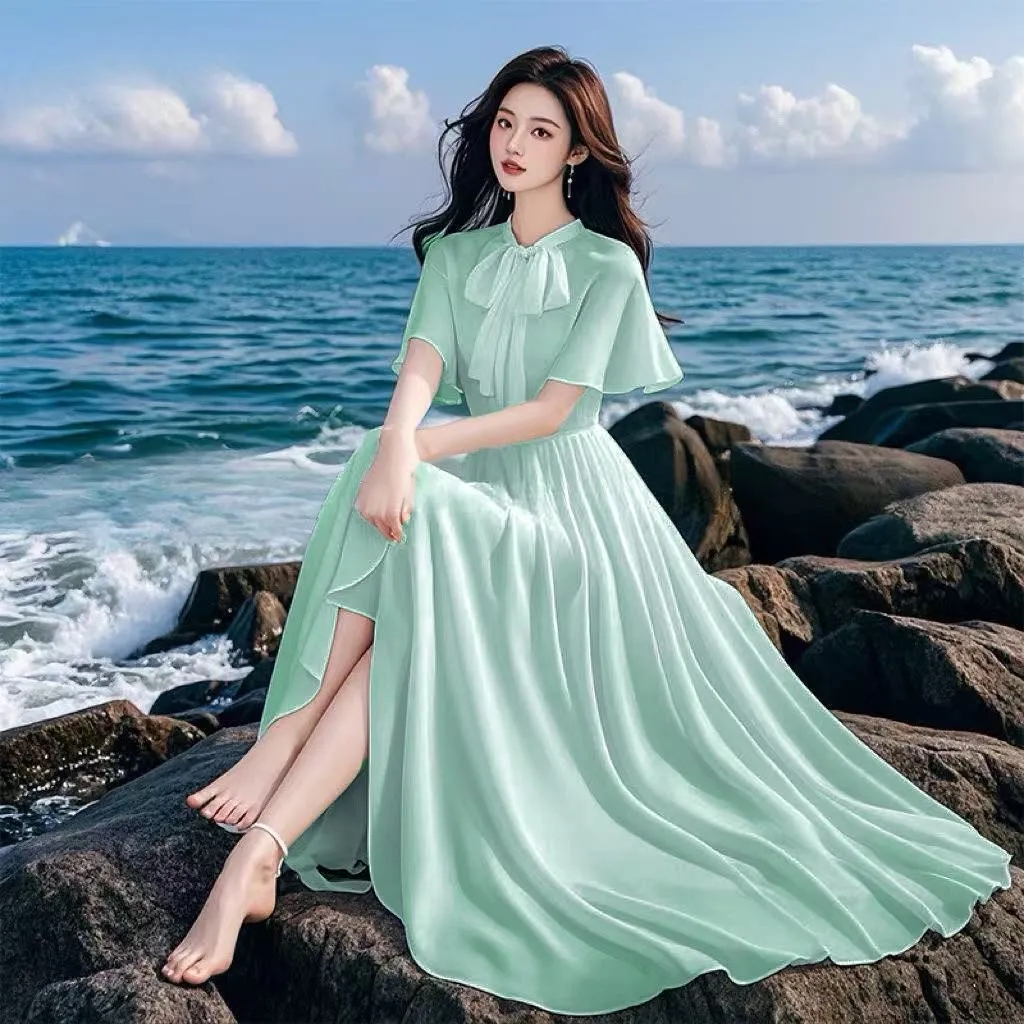 Robe en mousseline 2026 Nouvelle collection été pour femme, élégante, pour vacances à la plage, longue, unie, ajustée, à grande ampleur