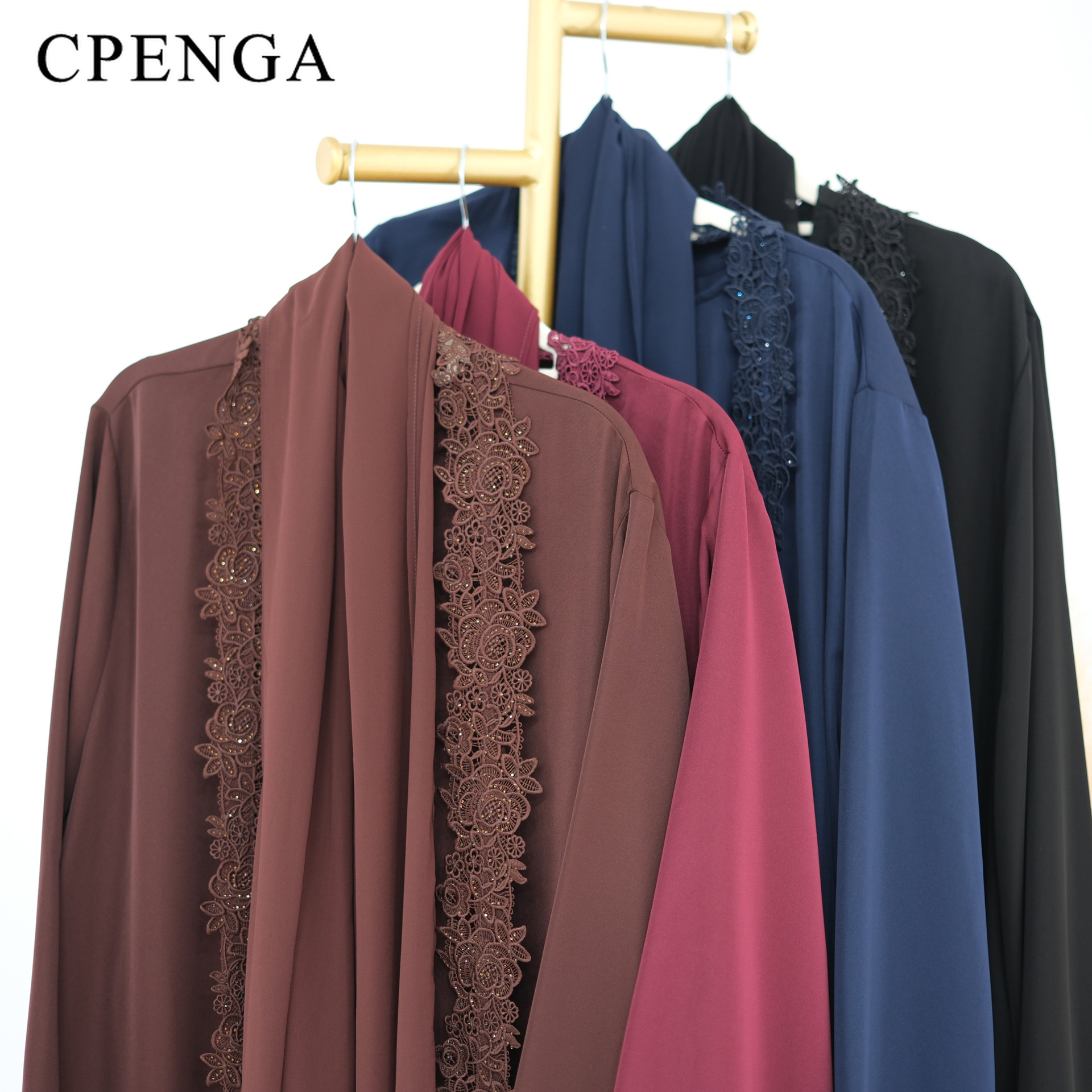 Ensemble de 3 pièces de luxe pour femmes, hijab, abaya, robe de soirée musulmane, kaftan de Dubaï, dentelle florale perlée, tenue de fête modeste pour l'Aïd
